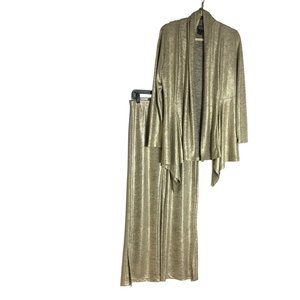 Clara Sunwoo M Liquid Gold Lame Cardigan & Pants 2 Piece Set Metallic Flowy